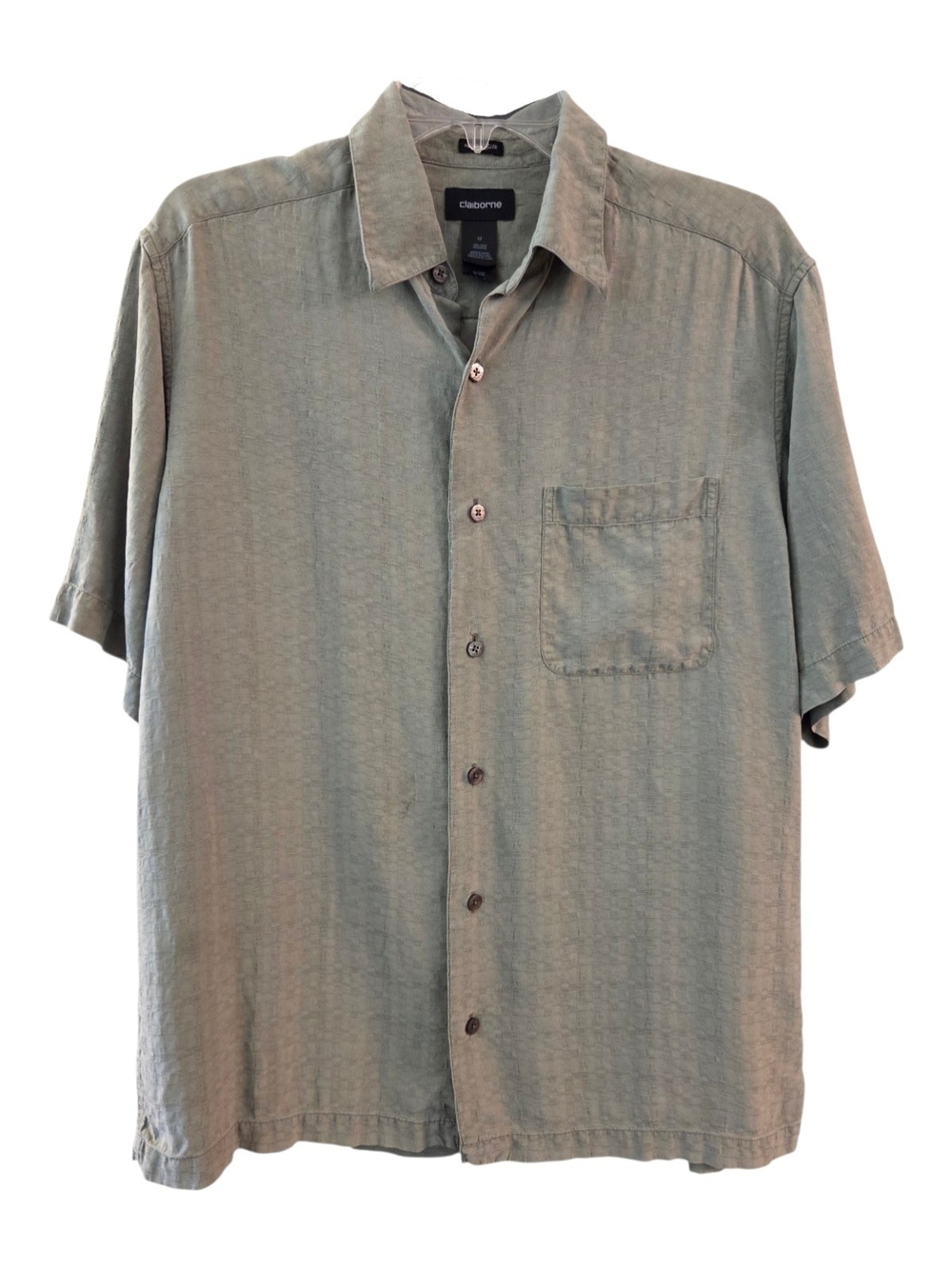 Vintage Claiborne 100% Silk Men's Short Sleeve Button-Down Shirt Sage Green-Sz M